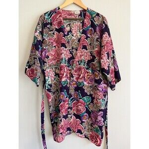 VTG California Miss Purple Red Floral Robe Kimono Tie Waist Sash Sz L